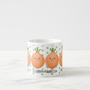 Cute happy brown onion green cartoon illustration espresso cup