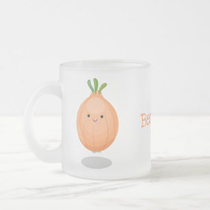 Cute happy brown onion green cartoon illustration frosted glass coffee mug