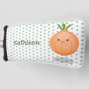 Cute happy brown onion green cartoon illustration golf head cover