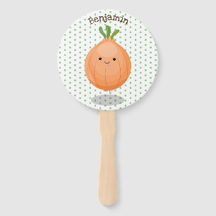 Cute happy brown onion green cartoon illustration hand fan