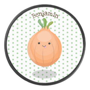 Cute happy brown onion green cartoon illustration hockey puck