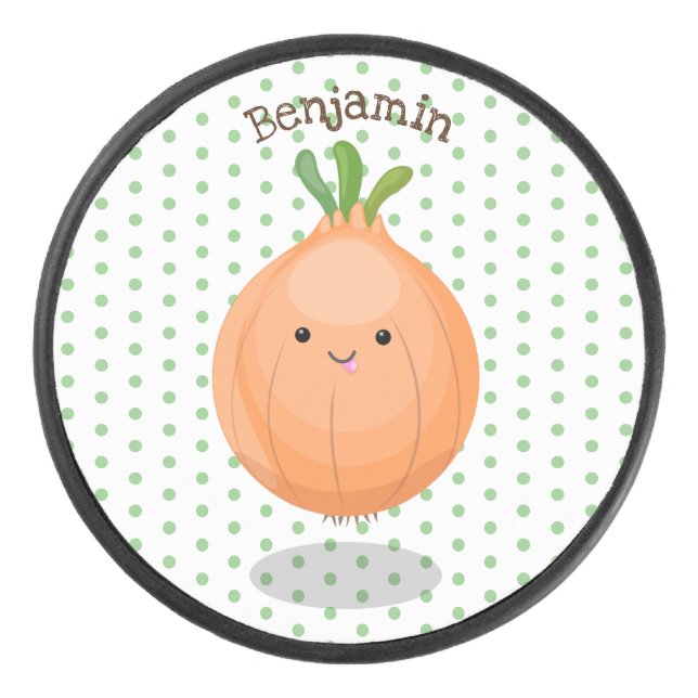 Cute happy brown onion green cartoon illustration hockey puck (Front)