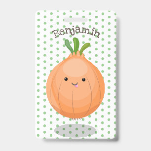 Cute happy brown onion green cartoon illustration ID badge