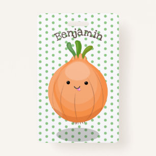 Cute happy brown onion green cartoon illustration ID badge