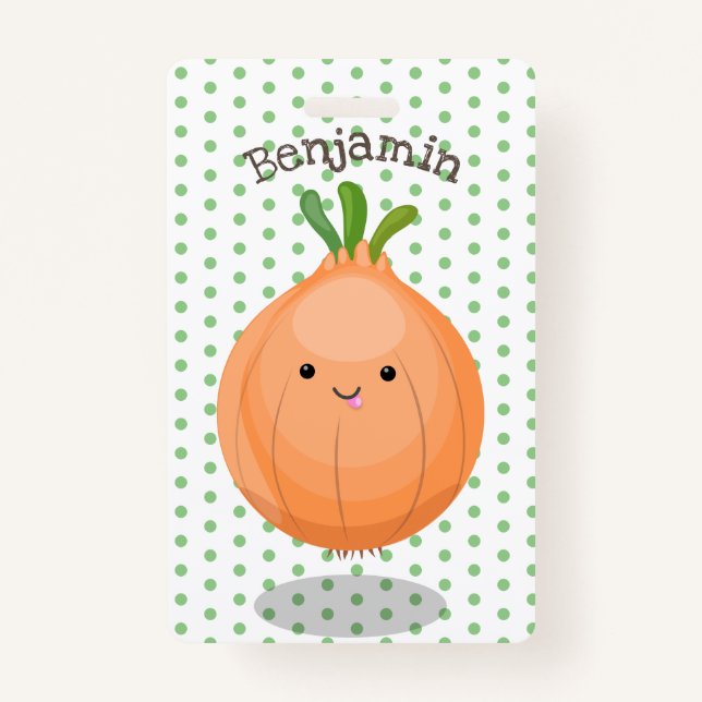 Cute happy brown onion green cartoon illustration ID badge (Front)