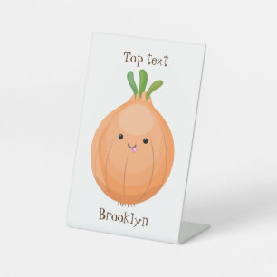 Cute happy brown onion green cartoon illustration pedestal sign