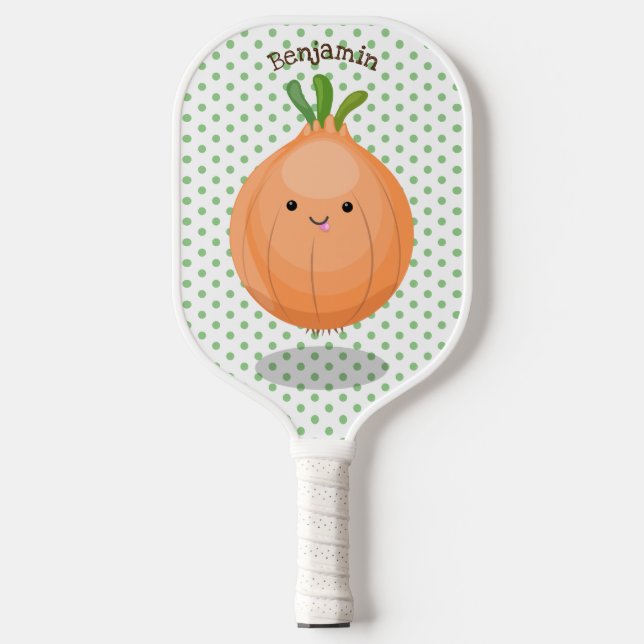 Cute happy brown onion green cartoon illustration pickleball paddle (Front)
