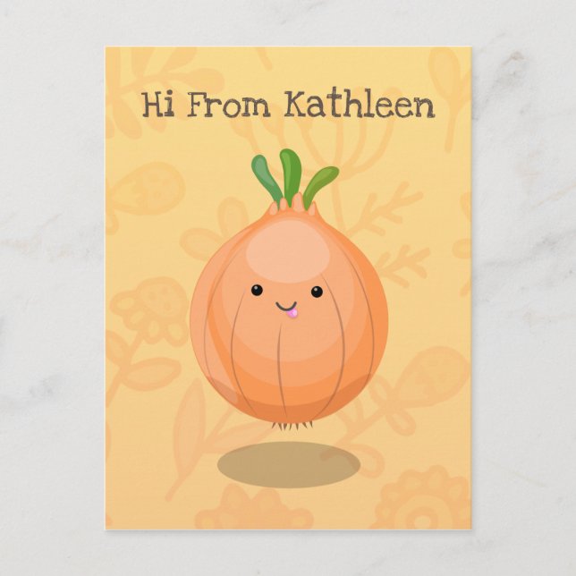 Cute happy brown onion green cartoon illustration postcard (Front)