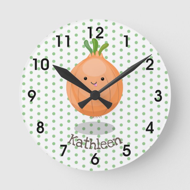 Cute happy brown onion green cartoon illustration round clock (Front)