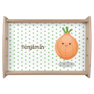 Cute happy brown onion green cartoon illustration serving tray