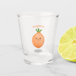 Cute happy brown onion green cartoon illustration shot glass