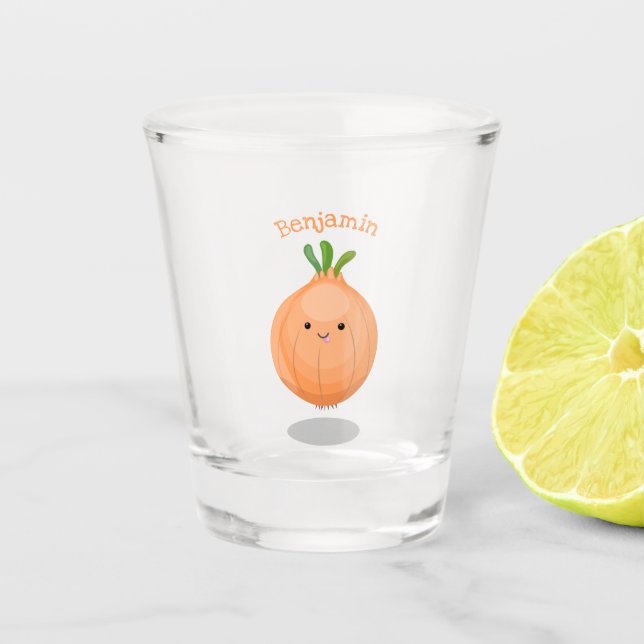 Cute happy brown onion green cartoon illustration shot glass (Front)