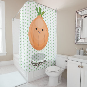 Cute happy brown onion green cartoon illustration shower curtain
