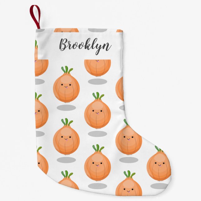Cute happy brown onion green cartoon illustration small christmas stocking (Front)