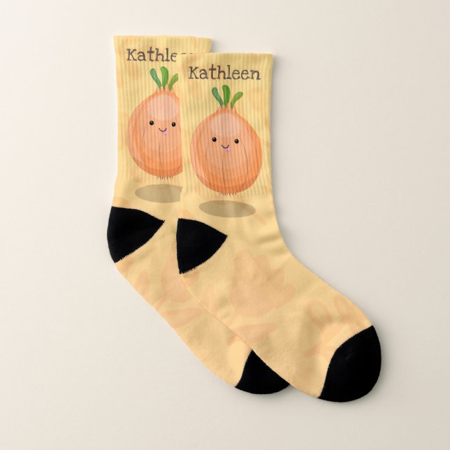Cute happy brown onion green cartoon illustration socks (Pair)