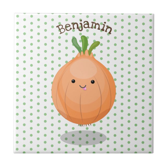 Cute happy brown onion green cartoon illustration tile (Front)