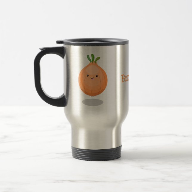 Cute happy brown onion green cartoon illustration travel mug (Left)