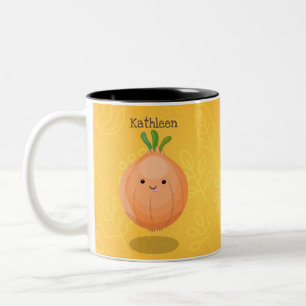 Cute happy brown onion green cartoon illustration Two-Tone coffee mug