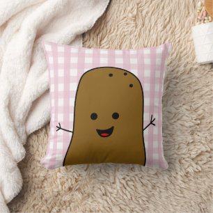 Cute Happy Brown Potato Pink Gingham Cushion