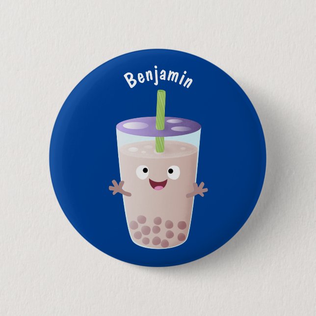 Cute happy bubble tea boba cartoon character 6 cm round badge (Front)