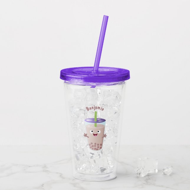 Cute happy bubble tea boba cartoon character acrylic tumbler (Back Ice)