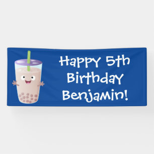 Cute happy bubble tea boba cartoon character banner
