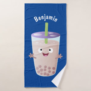 Cute happy bubble tea boba cartoon character  bath towel set