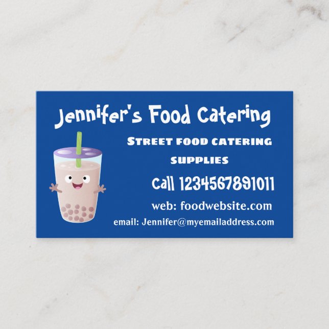 Cute happy bubble tea boba cartoon character business card (Front)