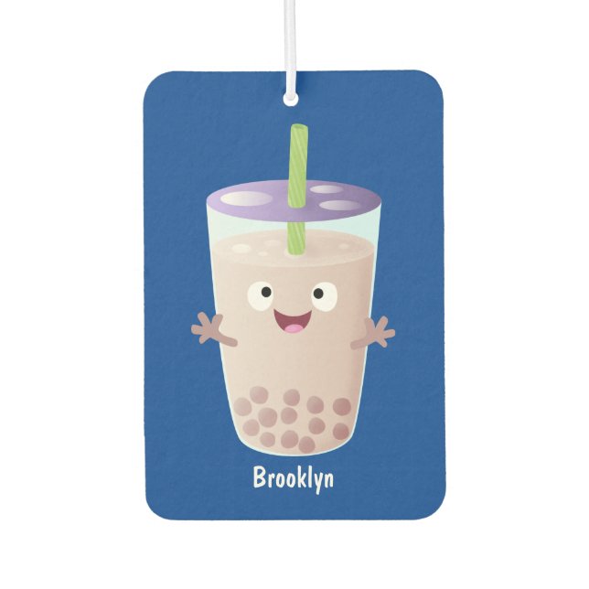 Cute happy bubble tea boba cartoon character car air freshener (Front)