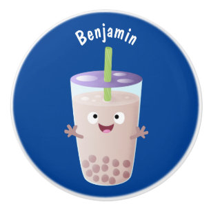 Cute happy bubble tea boba cartoon character ceramic knob