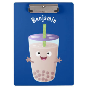 Cute happy bubble tea boba cartoon character clipboard