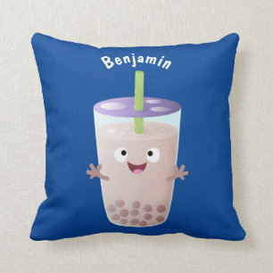 Cute happy bubble tea boba cartoon character  cushion