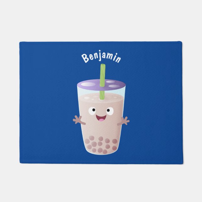 Cute happy bubble tea boba cartoon character doormat (Front)
