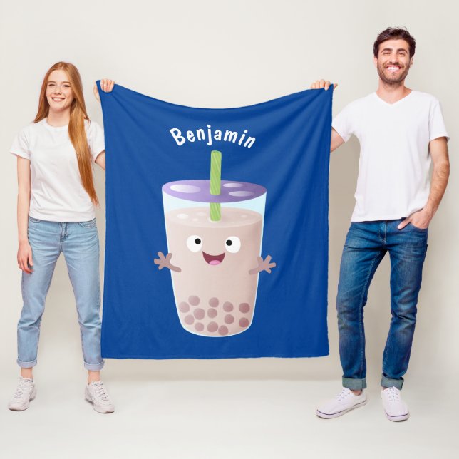 Cute happy bubble tea boba cartoon character fleece blanket (In Situ)