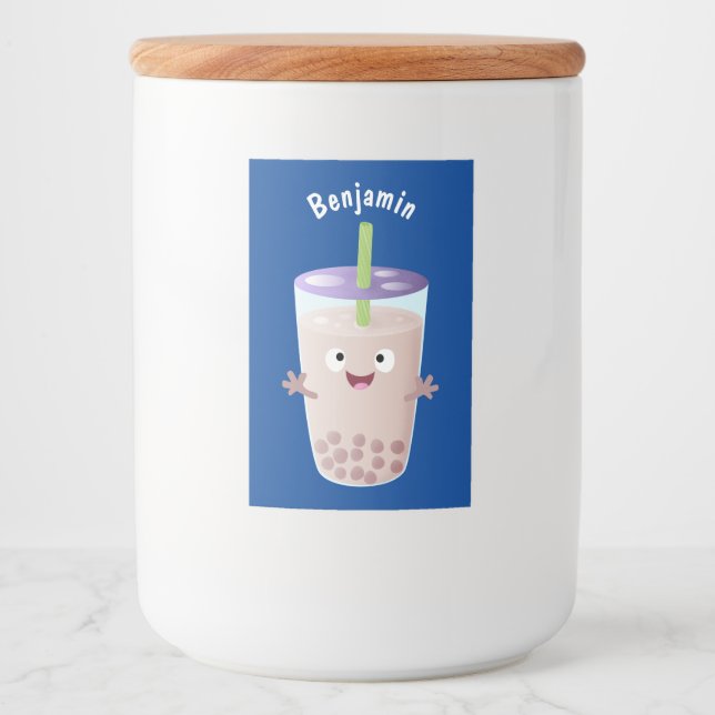 Cute happy bubble tea boba cartoon character food label (Front)