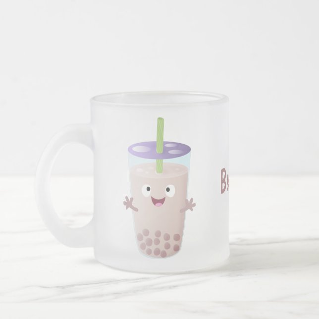 Cute happy bubble tea boba cartoon character frosted glass coffee mug (Left)