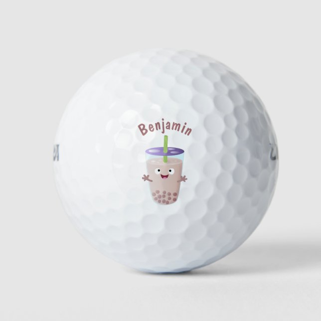 Cute happy bubble tea boba cartoon character golf balls (Front)