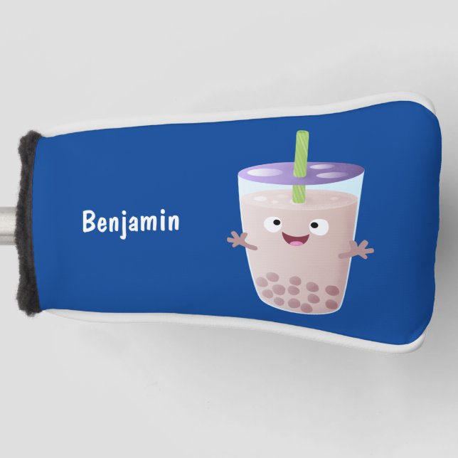 Cute happy bubble tea boba cartoon character  golf head cover (Front)