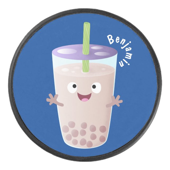 Cute happy bubble tea boba cartoon character hockey puck (Front)