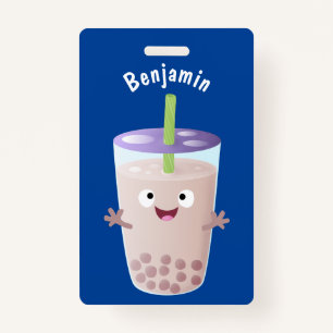 Cute happy bubble tea boba cartoon character ID badge