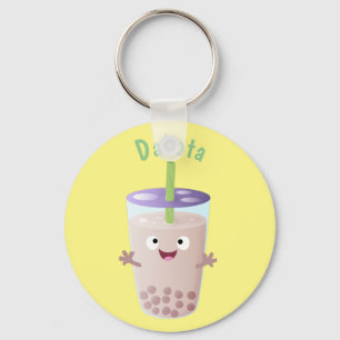 Cute happy bubble tea boba cartoon character key ring