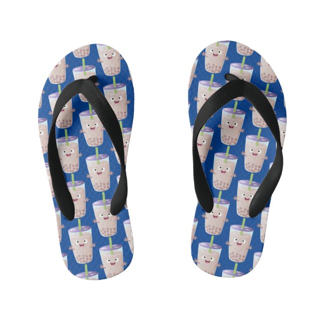 Cute happy bubble tea boba cartoon character kid's flip flops (Footbed)
