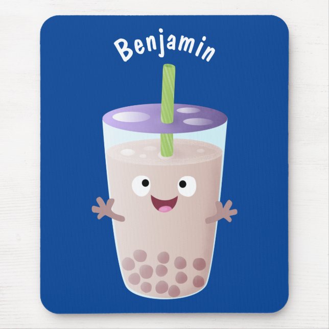 Cute happy bubble tea boba cartoon character mouse mat (Front)
