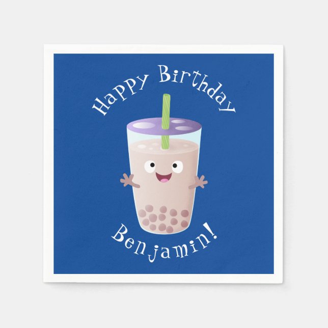 Cute happy bubble tea boba cartoon character napkin (Front)