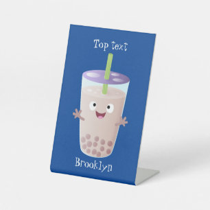 Cute happy bubble tea boba cartoon character pedestal sign