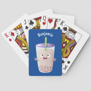 Cute happy bubble tea boba cartoon character playing cards