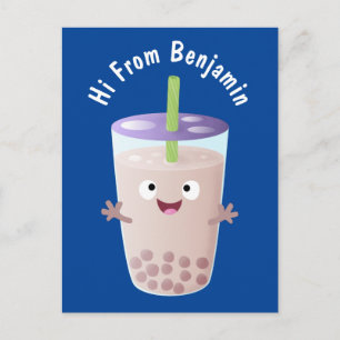 Cute happy bubble tea boba cartoon character postcard