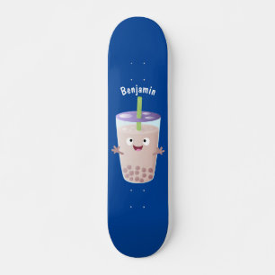 Cute happy bubble tea boba cartoon character skateboard