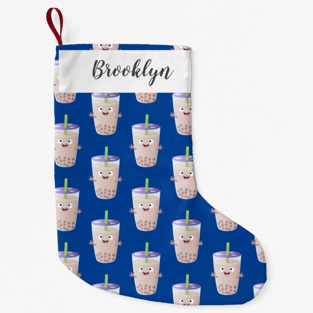 Cute happy bubble tea boba cartoon character small christmas stocking (Front)