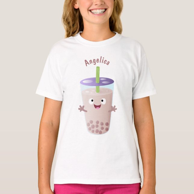 Cute happy bubble tea boba cartoon character T-Shirt (Front)